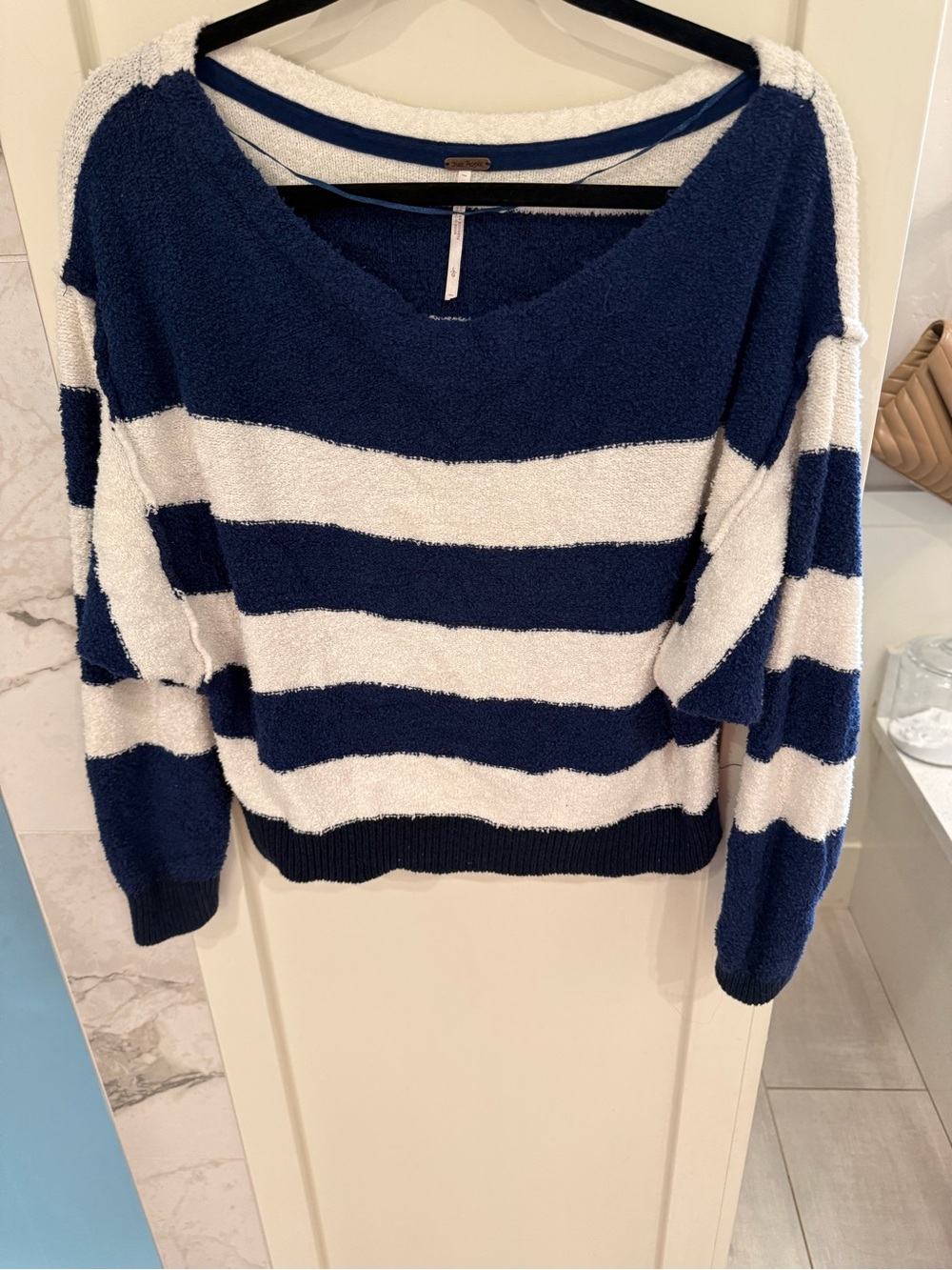 Free People Navy & Cream Striped Scoop Neck Sweater
